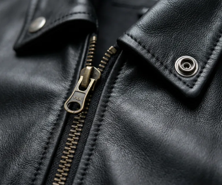 Flashback Black Leather Biker Jacket Macro Hardware Detail 1080x900