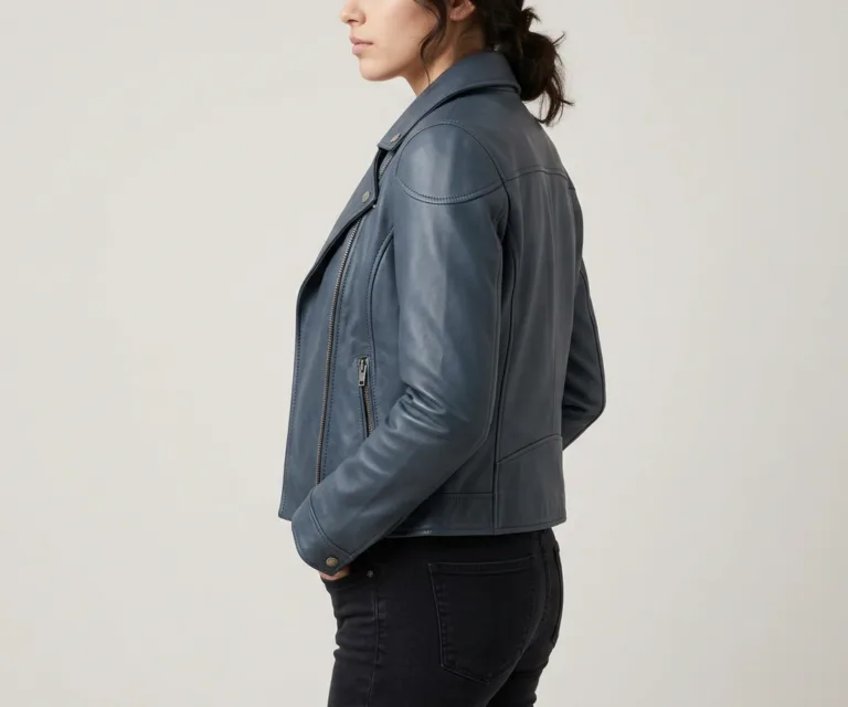 Flashback Blue Leather Biker Jacket 3/4 Profile 1080x900