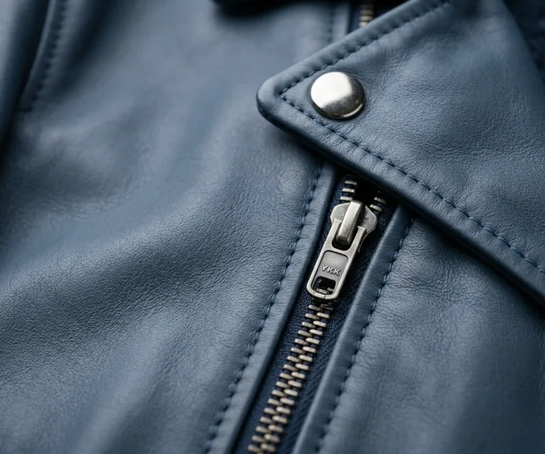 Flashback Blue Leather Biker Jacket Macro Hardware Detail 1080x900