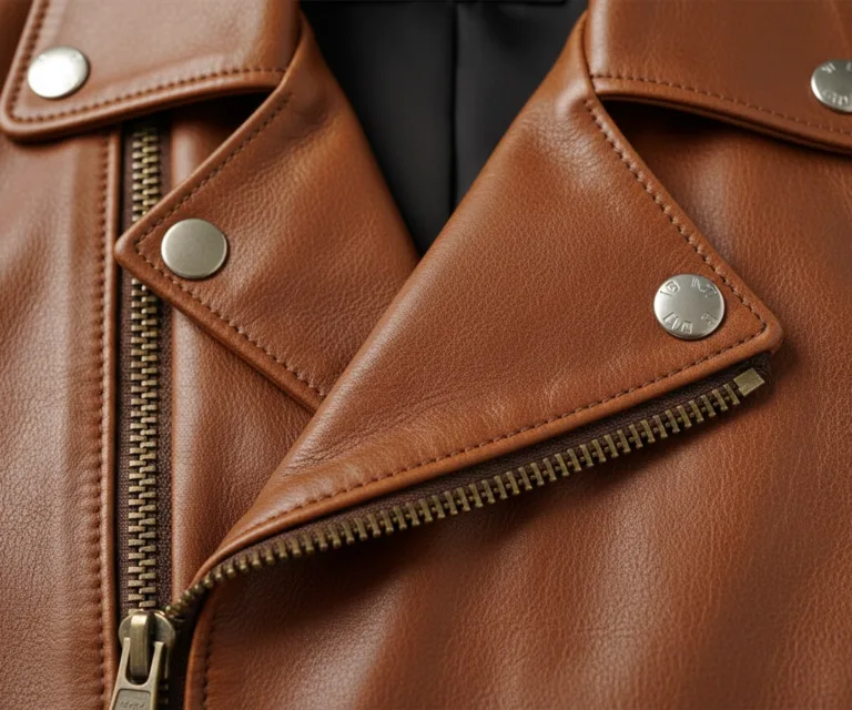 Flashback Brown Leather Biker Jacket Macro Hardware Detail 1080x900