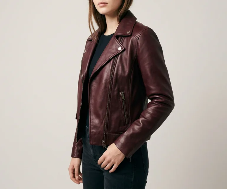 Flashback Maroon Leather Biker Jacket 3/4 Profile 1080x900