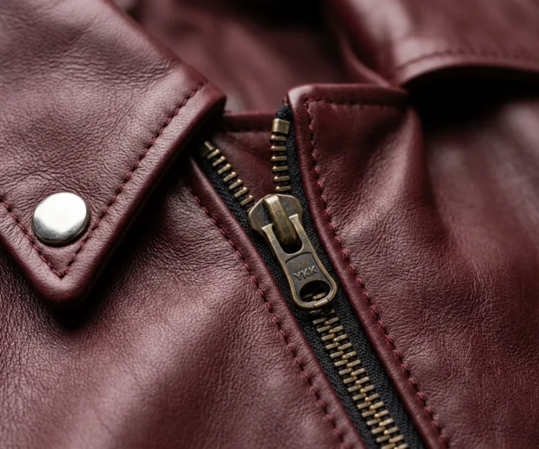 Flashback Maroon Leather Biker Jacket Macro Hardware Detail 1080x900