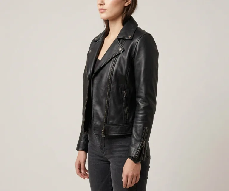 Haley Ray Black Leather Biker Jacket 3/4 Profile 1080x900