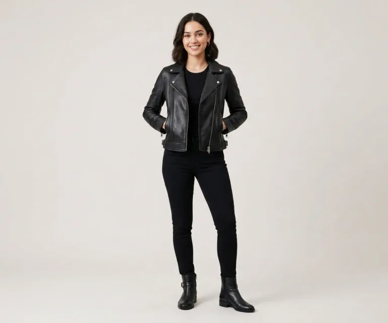 Haley Ray Black Leather Biker Jacket Lifestyle Studio 1080x900
