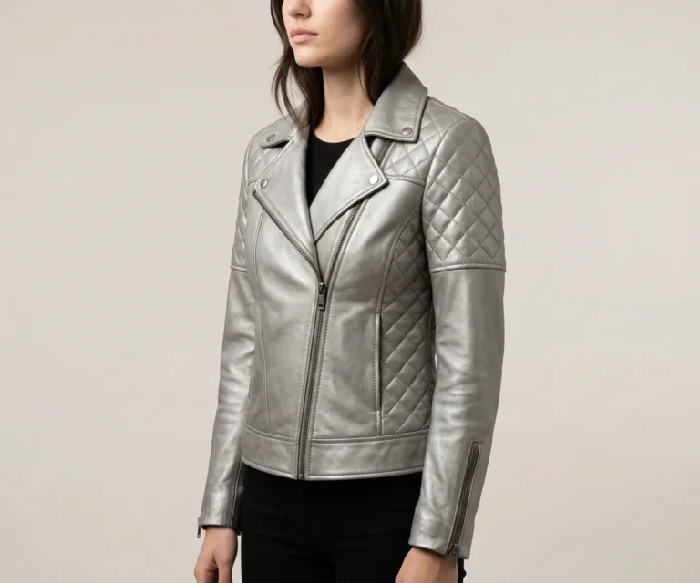 Ice Maiden Silver Quilted Leather Biker Jacket 3/4 Profile 1080x900
