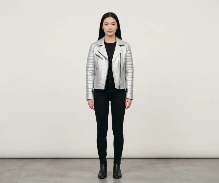 Ice Maiden Silver Quilted Leather Biker Jacket Front View 1080x900