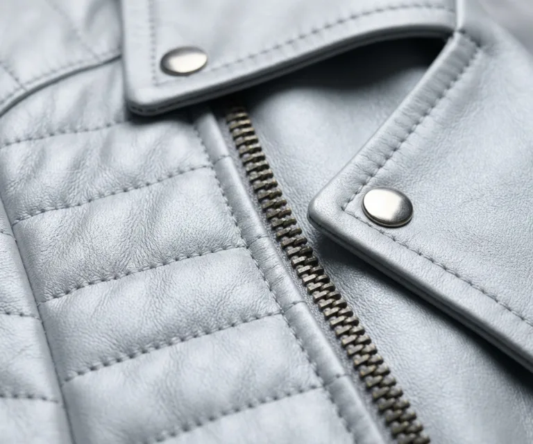 Ice Maiden Silver Quilted Leather Biker Jacket Macro Hardware Detail 1080x900
