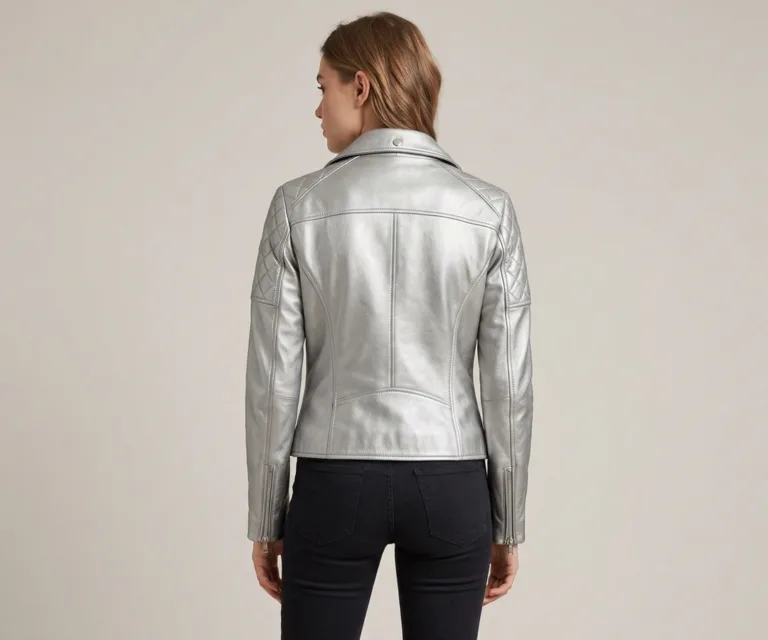 Ice Maiden Silver Quilted Leather Biker Jacket Rear Back View 1080x900