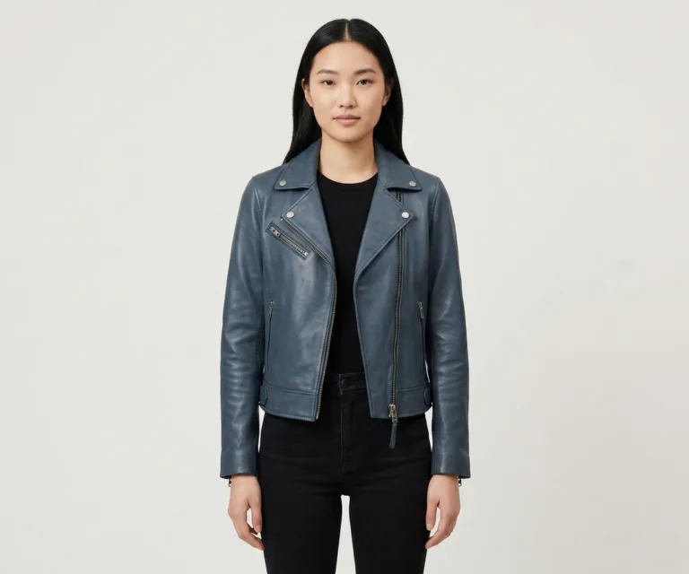 Kelsee Blue Leather Biker Jacket Front View 1080x900