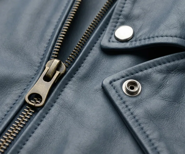 Kelsee Blue Leather Biker Jacket Macro Hardware Detail 1080x900