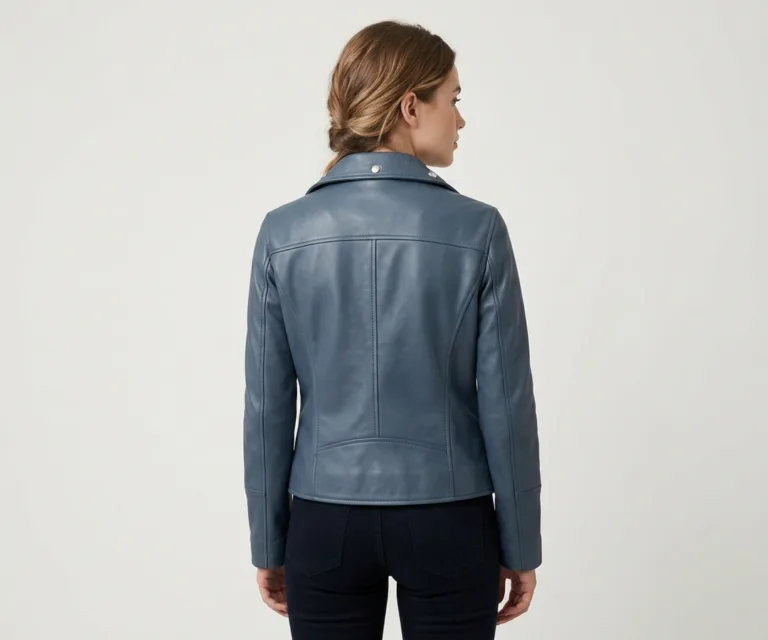 Kelsee Blue Leather Biker Jacket Rear Back View 1080x900