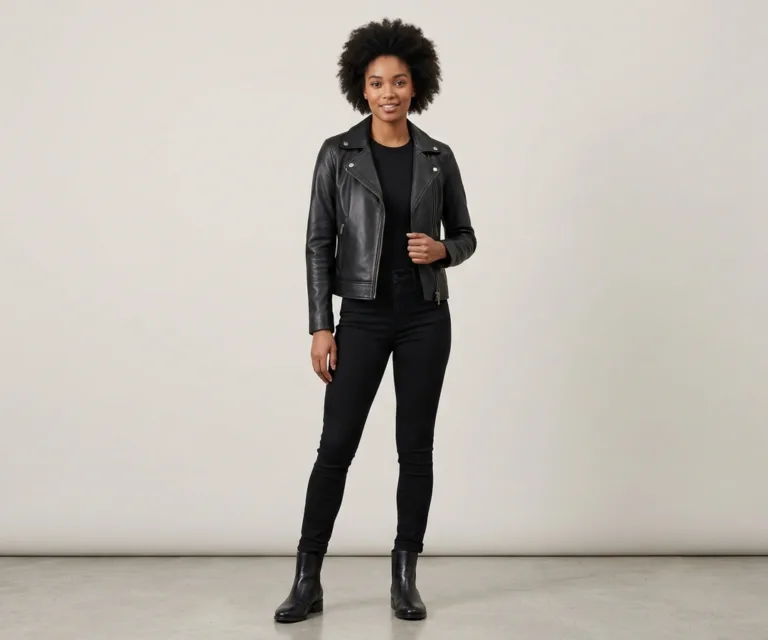 Kelsee Black Leather Biker Jacket Lifestyle Studio 1080x900