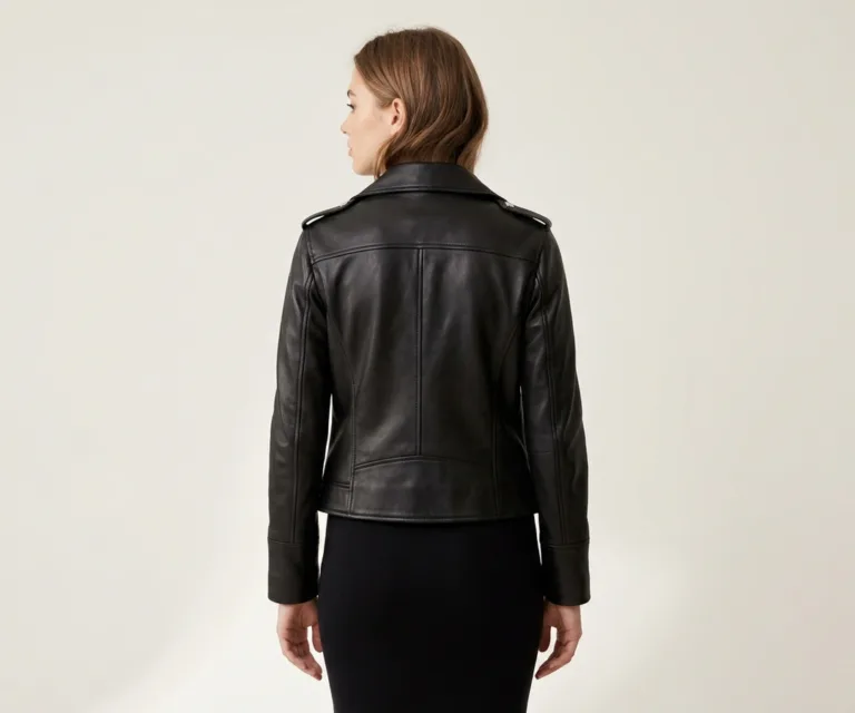 Kelsee Black Leather Biker Jacket Rear Back View 1080x900