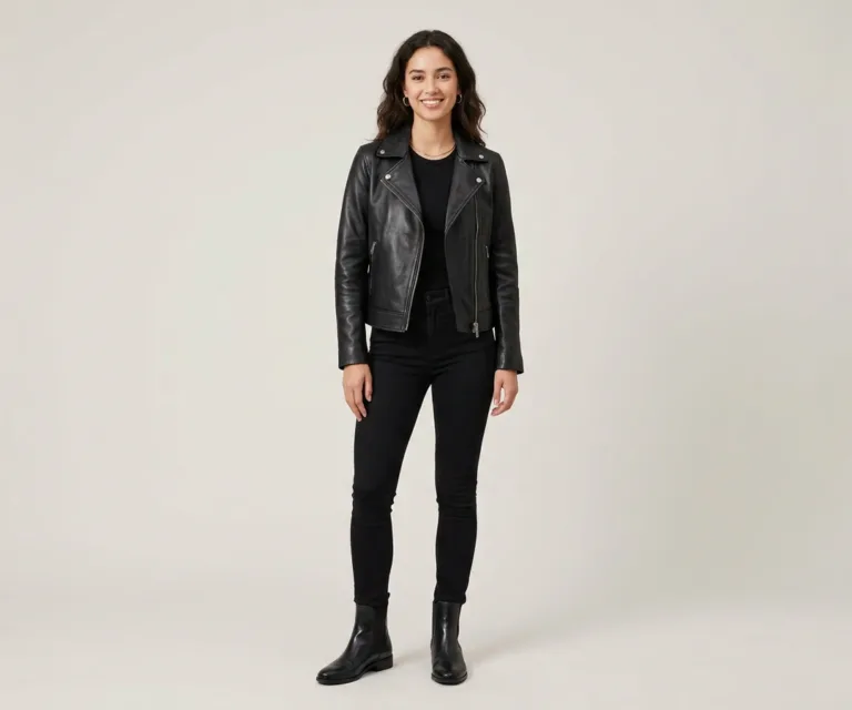 Kelsee Distressed Black Leather Biker Jacket Lifestyle Studio 1080x900