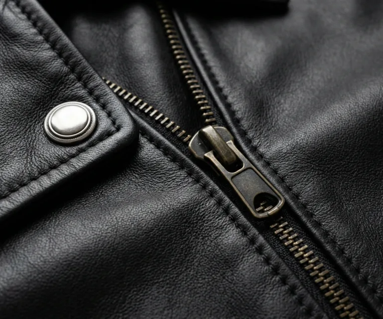 Kelsee Distressed Black Leather Biker Jacket Macro Hardware Detail 1080x900