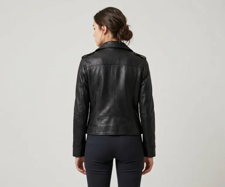 Kelsee Distressed Black Leather Biker Jacket Rear Back View 1080x900