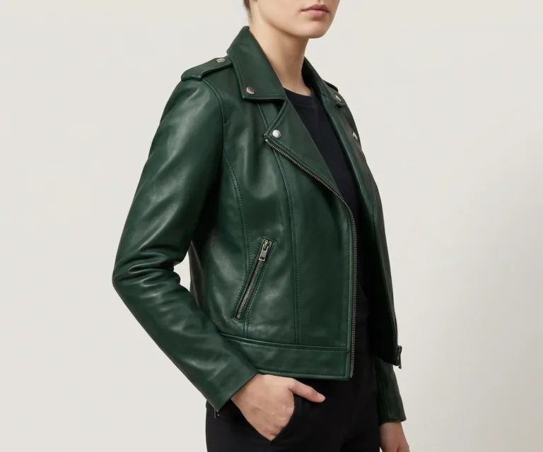 Kelsee Green Leather Biker Jacket 3/4 Profile 1080x900