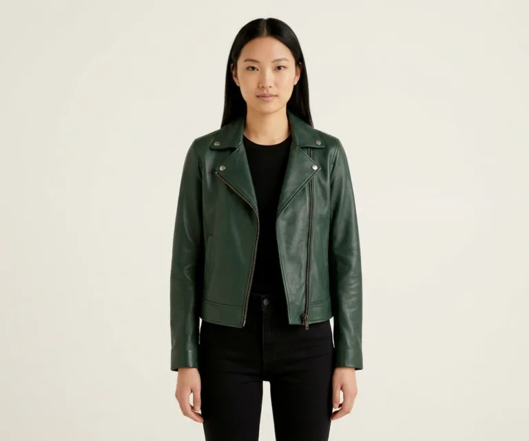Kelsee Green Leather Biker Jacket Front View 1080x900