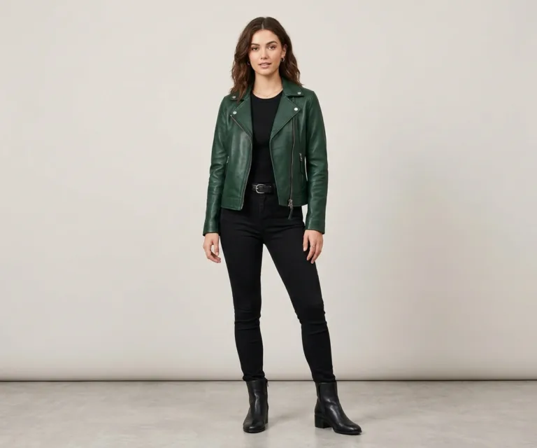 Kelsee Green Leather Biker Jacket Lifestyle Studio 1080x900