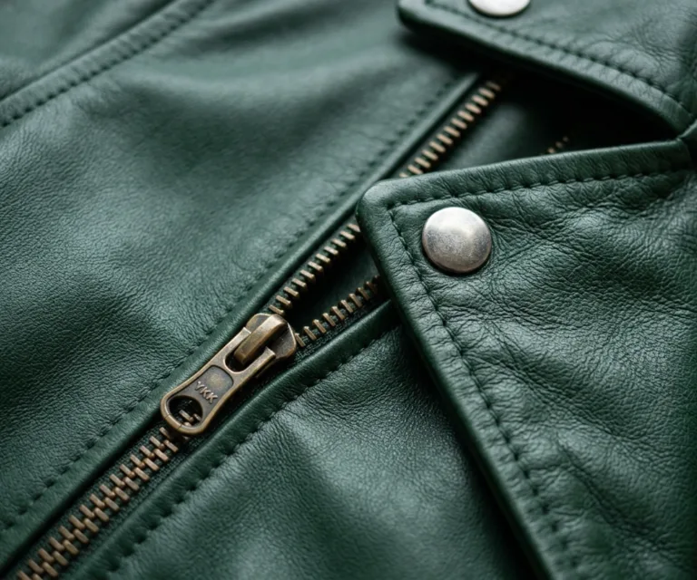 Kelsee Green Leather Biker Jacket Macro Hardware Detail 1080x900