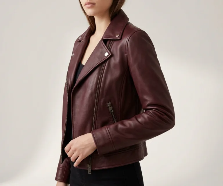 Kelsee Maroon Leather Biker Jacket 3/4 Profile 1080x900