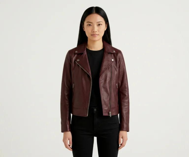 Kelsee Maroon Leather Biker Jacket Front View 1080x900