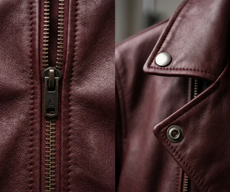 Kelsee Maroon Leather Biker Jacket Macro Hardware Detail 1080x900
