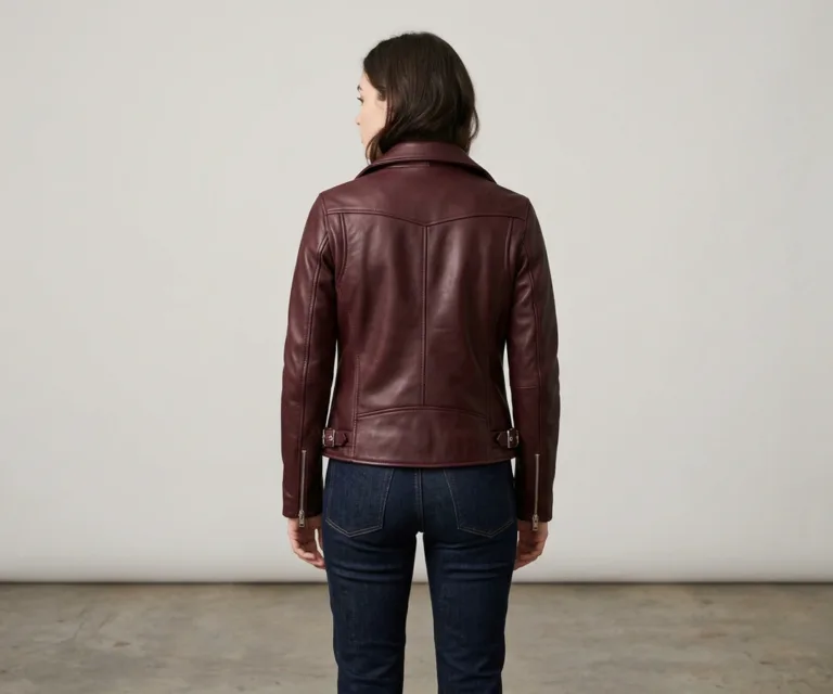 Kelsee Maroon Leather Biker Jacket Rear Back View 1080x900