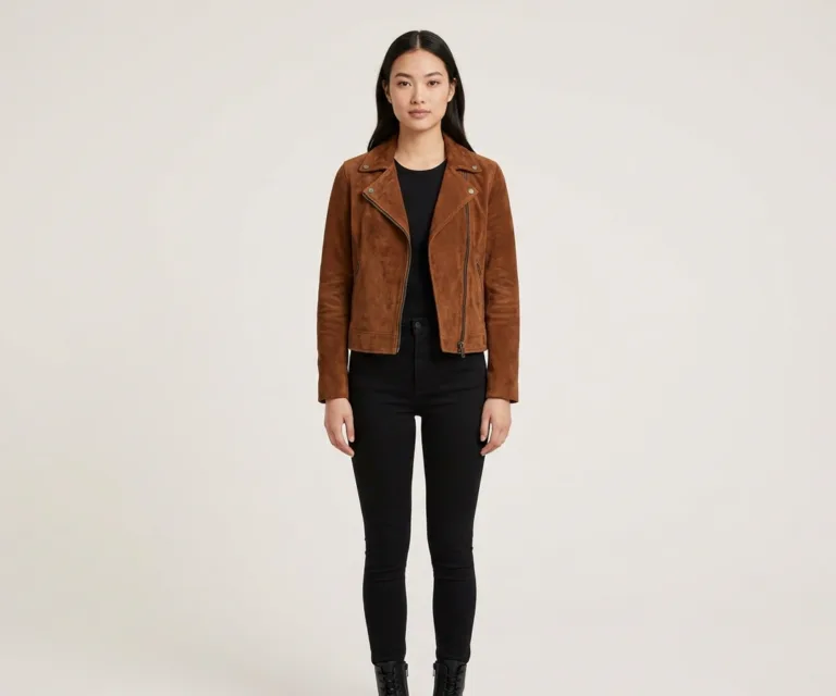 Kelsee Mocha Suede Biker Jacket Front View 1080x900