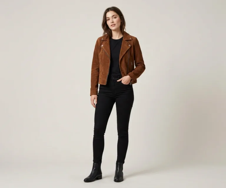 Kelsee Mocha Suede Biker Jacket Lifestyle Studio 1080x900