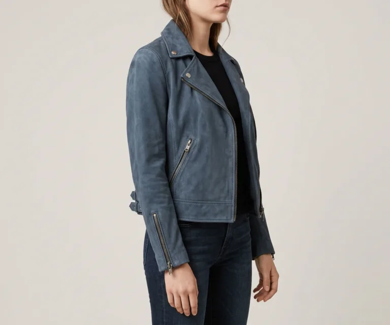 Kelsee Navy Blue Suede Biker Jacket 3/4 Profile 1080x900