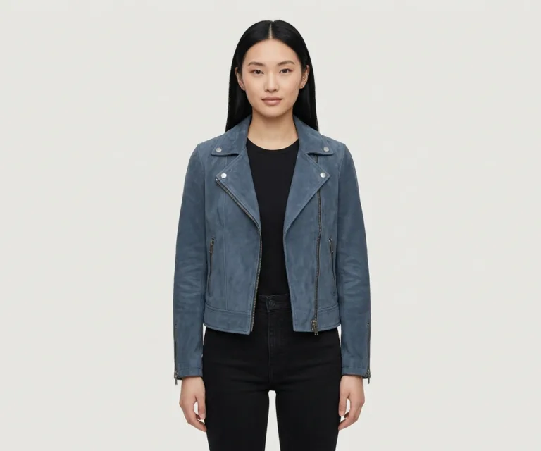 Kelsee Navy Blue Suede Biker Jacket Front View 1080x900
