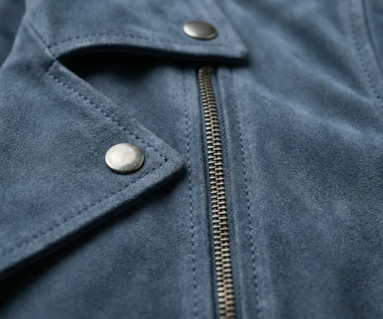 Kelsee Navy Blue Suede Biker Jacket Macro Hardware Detail 1080x900