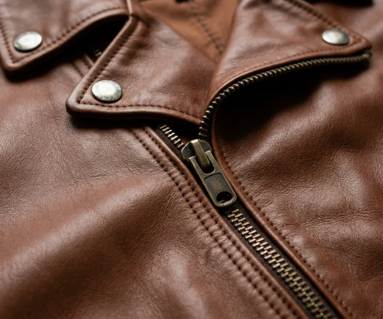 Rave Brown Leather Biker Jacket Macro Hardware Detail 1080x900