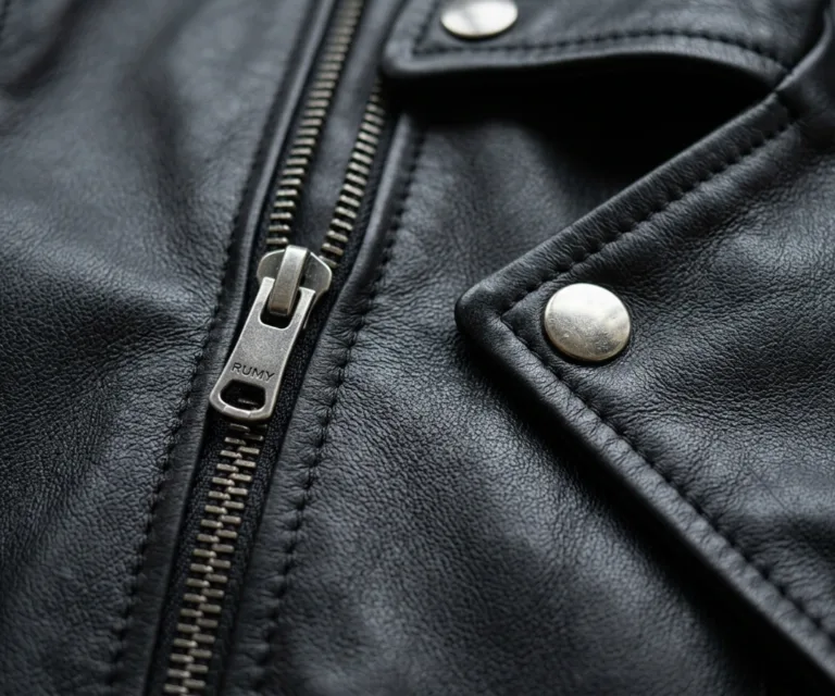 Rumy Black Leather Biker Jacket Macro Hardware Detail 1080x900