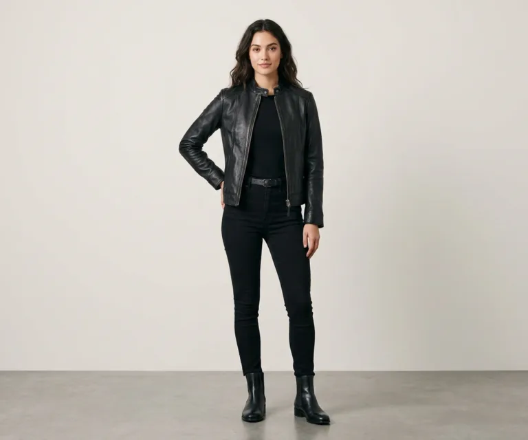 Rumella Black Leather Biker Jacket Lifestyle Studio 1080x900