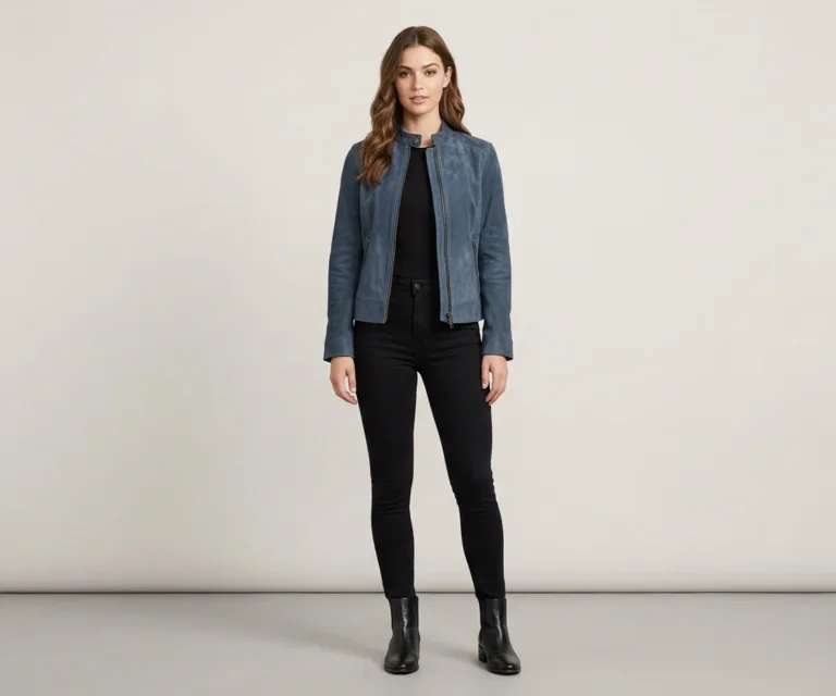 Rumella Blue Suede Biker Jacket Lifestyle Studio 1080x900