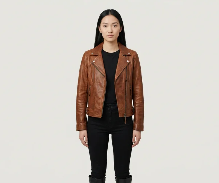 Rumy Distressed Brown Leather Biker Jacket Front View 1080x900