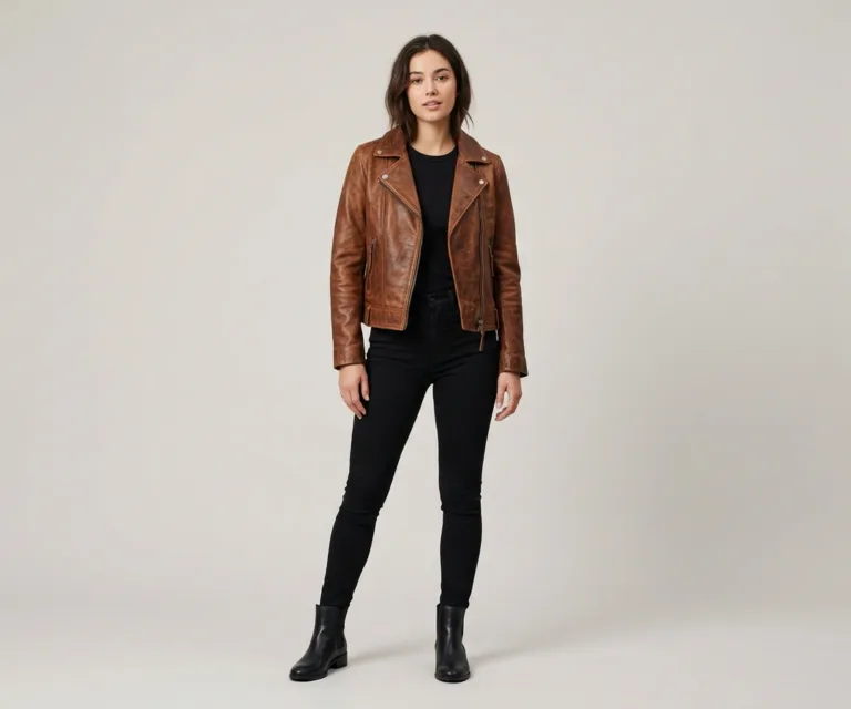 Rumy Distressed Brown Leather Biker Jacket Lifestyle Studio 1080x900