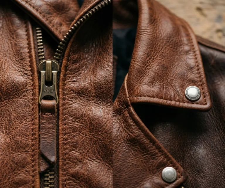 Rumy Distressed Brown Leather Biker Jacket Macro Hardware Detail 1080x900