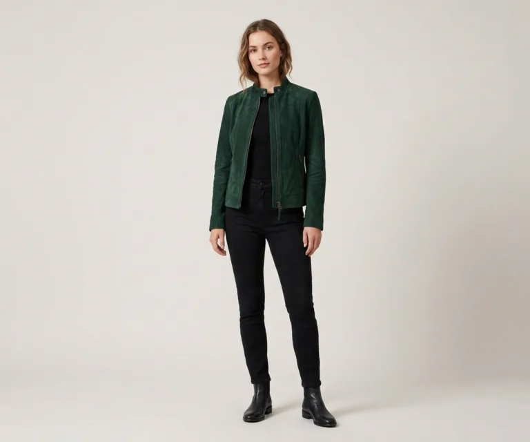 Rumella Green Suede Biker Jacket Lifestyle Studio 1080x900