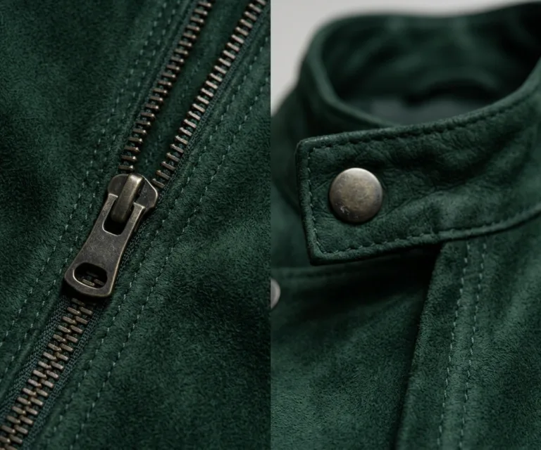 Rumella Green Suede Biker Jacket Macro Hardware Detail 1080x900