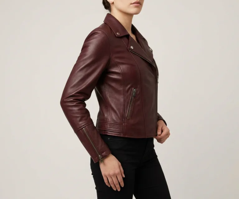 Rumy Maroon Leather Biker Jacket 3/4 Profile 1080x900