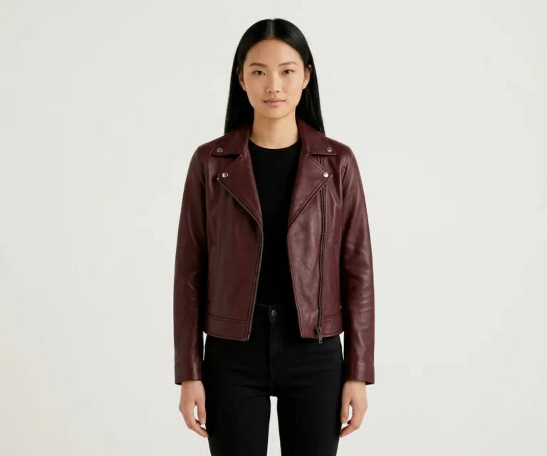 Rumy Maroon Leather Biker Jacket Front View 1080x900