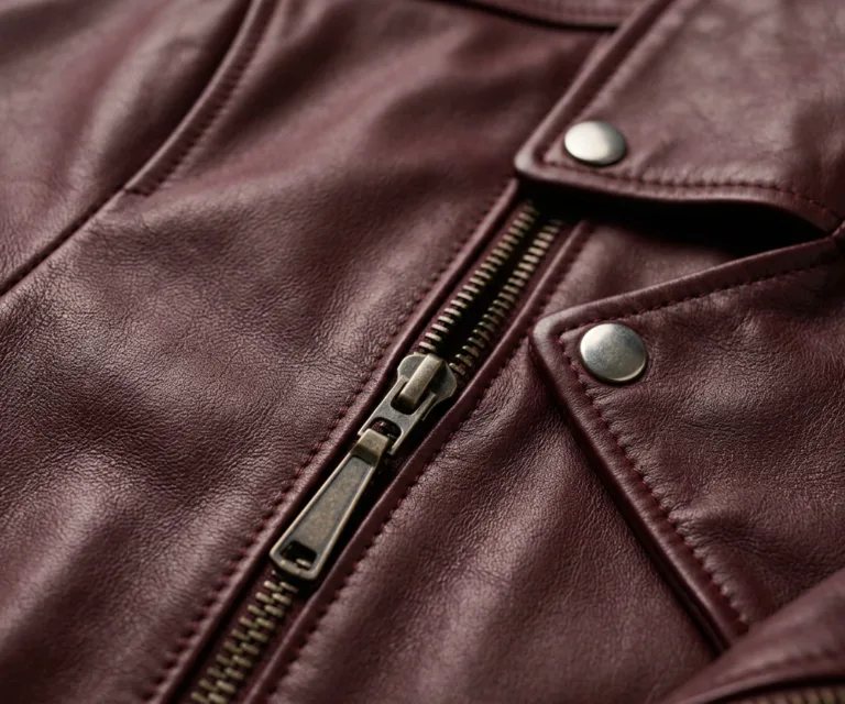 Rumy Maroon Leather Biker Jacket Macro Hardware Detail 1080x900