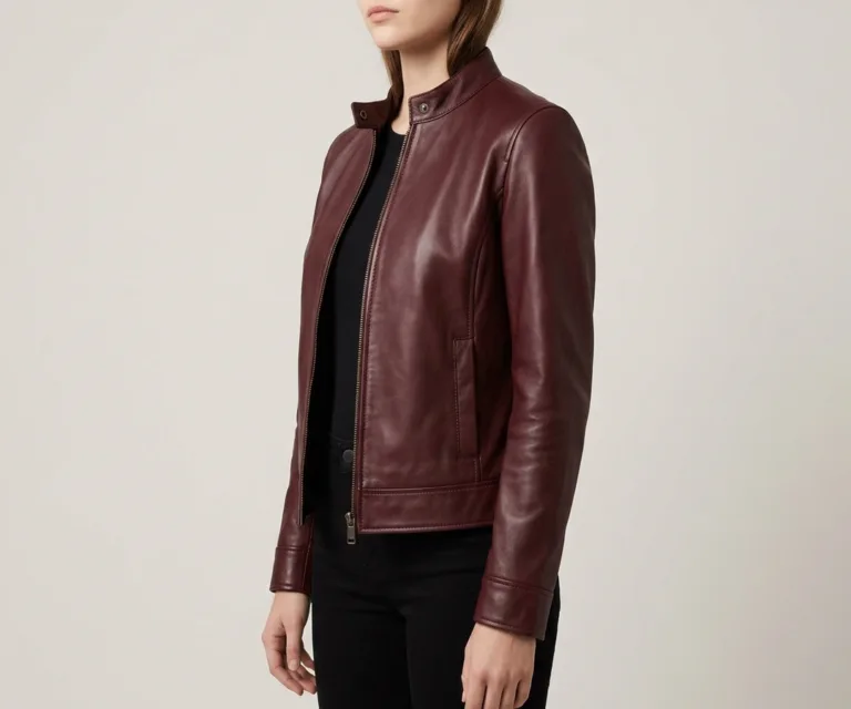 Rumella Maroon Leather Biker Jacket 3/4 Profile 1080x900