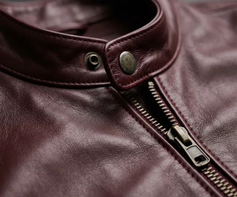 Rumella Maroon Leather Biker Jacket Macro Hardware Detail 1080x900
