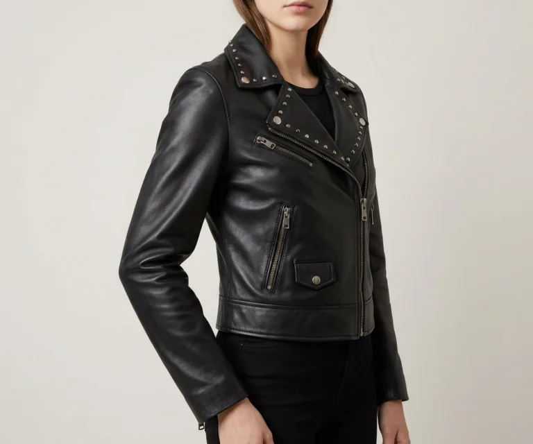 Sally Mae Studded Black Leather Biker Jacket 3/4 Profile 1080x900