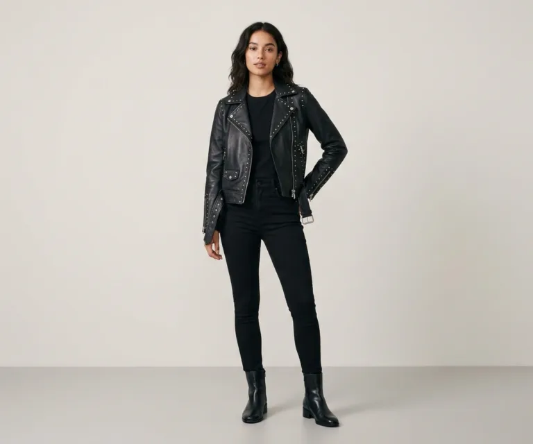 Sally Mae Studded Black Leather Biker Jacket Lifestyle Studio 1080x900