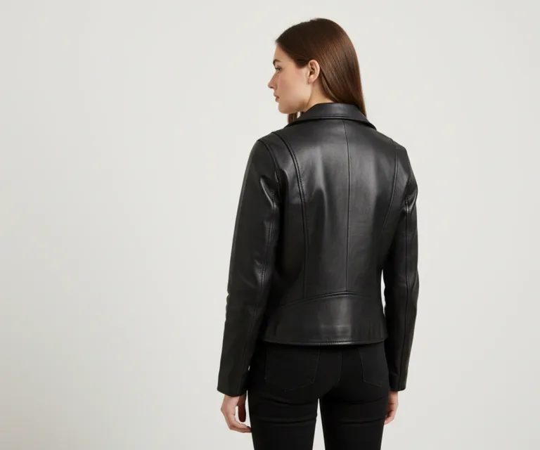 Sally Mae Studded Black Leather Biker Jacket Rear Back View 1080x900